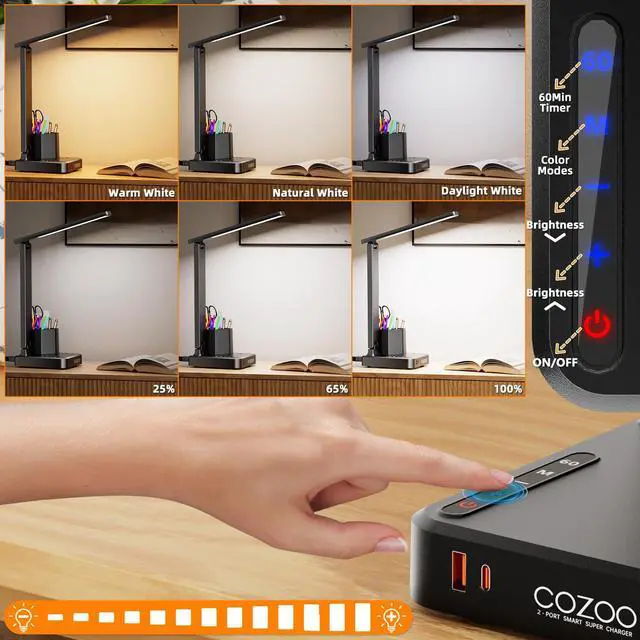 Alt view image 3 of 7 - Desk Lamp,Desk Lamps for Home Office,COZOO LED Desk Lamp with 2 USB Charging Ports,2 Pen Holders,1 Outlet,3 Color 3 Brightness Levels,Touch/Memory/Timer,LED Desk Light Small Desk Lamp Kids Study Lamp