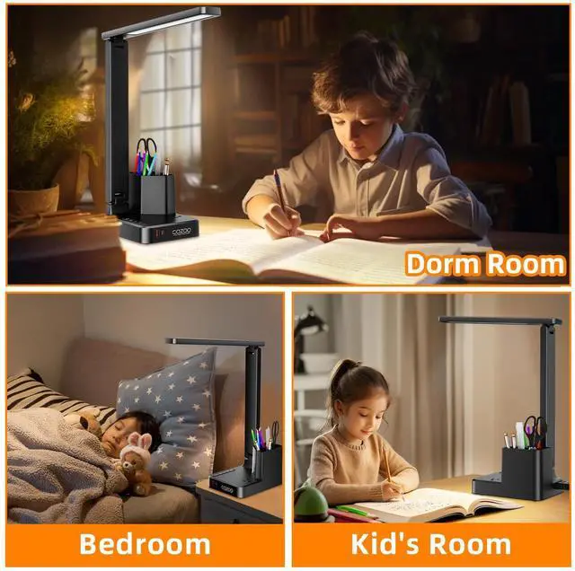 Alt view image 5 of 7 - Desk Lamp,Desk Lamps for Home Office,COZOO LED Desk Lamp with 2 USB Charging Ports,2 Pen Holders,1 Outlet,3 Color 3 Brightness Levels,Touch/Memory/Timer,LED Desk Light Small Desk Lamp Kids Study Lamp