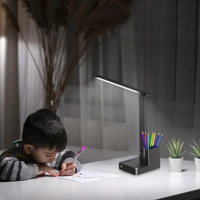 Alt view image 6 of 7 - Desk Lamp,Desk Lamps for Home Office,COZOO LED Desk Lamp with 2 USB Charging Ports,2 Pen Holders,1 Outlet,3 Color 3 Brightness Levels,Touch/Memory/Timer,LED Desk Light Small Desk Lamp Kids Study Lamp