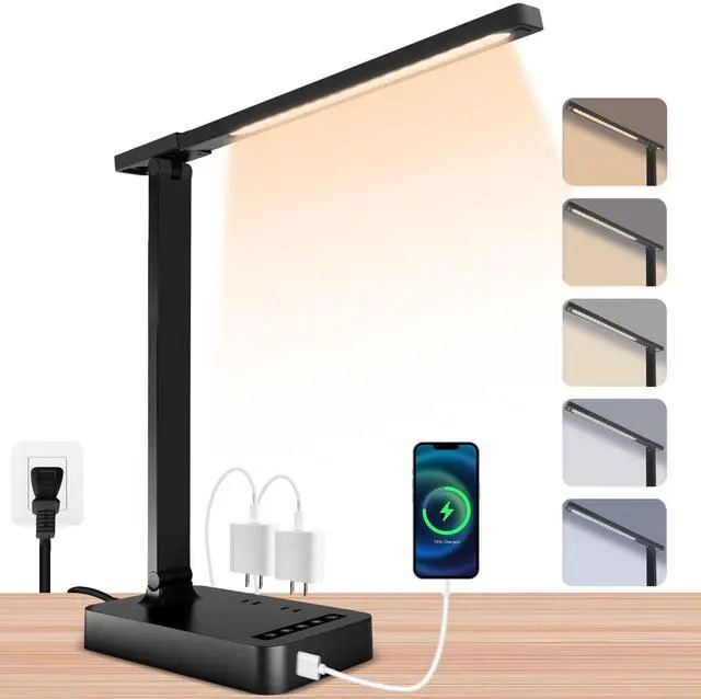 Main image of Smart Desk Lamp with 4-in-1 Charging Station (2 AC outlets, Type-C, USB-A Ports), 5 Color temperatures and 5 Brightness Levels, Adjustable gooseneck arm, Eye-Friendly Lighting for desks, bedrooms