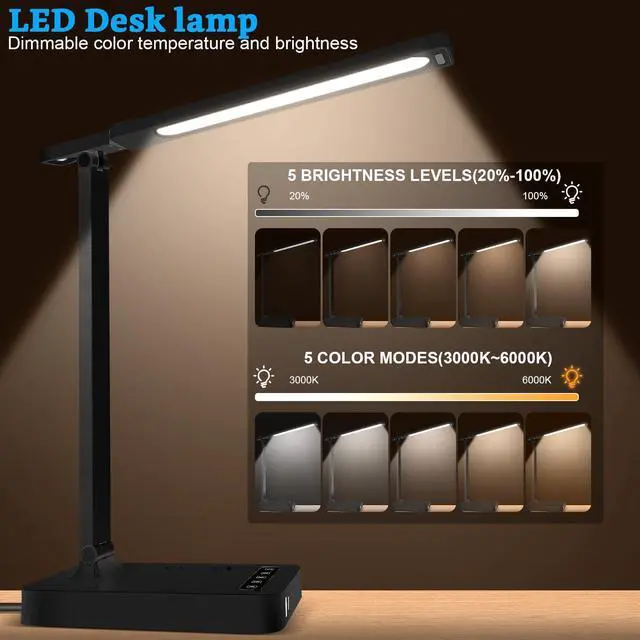 Alt view image 2 of 7 - Smart Desk Lamp with 4-in-1 Charging Station (2 AC outlets, Type-C, USB-A Ports), 5 Color temperatures and 5 Brightness Levels, Adjustable gooseneck arm, Eye-Friendly Lighting for desks, bedrooms