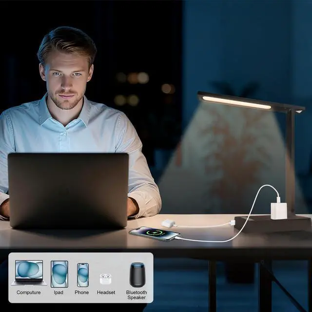 Alt view image 4 of 7 - Smart Desk Lamp with 4-in-1 Charging Station (2 AC outlets, Type-C, USB-A Ports), 5 Color temperatures and 5 Brightness Levels, Adjustable gooseneck arm, Eye-Friendly Lighting for desks, bedrooms