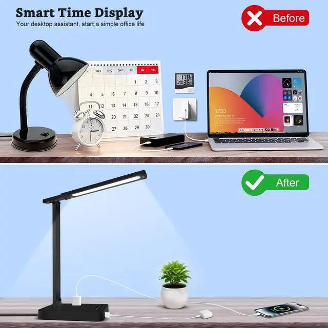 Alt view image 5 of 7 - Smart Desk Lamp with 4-in-1 Charging Station (2 AC outlets, Type-C, USB-A Ports), 5 Color temperatures and 5 Brightness Levels, Adjustable gooseneck arm, Eye-Friendly Lighting for desks, bedrooms