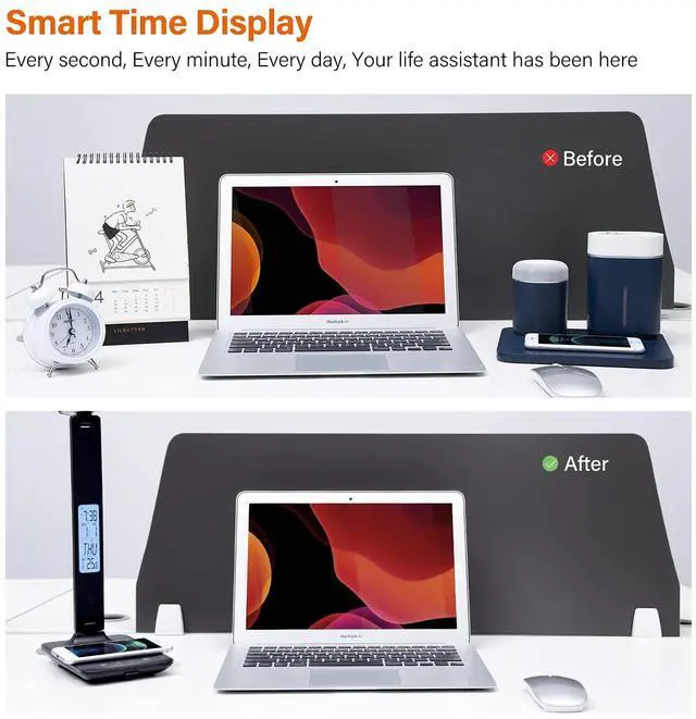 Alt view image 2 of 7 - poukaran LED Desk Lamp with Wireless Charger, USB Charging Port, Table Lamp with Clock, Alarm, Date, Temperature, Desk Lamps for Home Office,Black