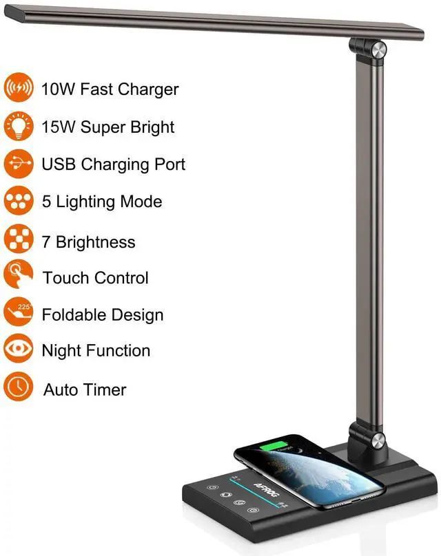Alt view image 2 of 7 - AFROG 5th Gen Multifunctional LED Desk Lamp with 10W Fast Wireless Charger, USB Charging Port,1800Lux Super Bright,5 Lighting Mode,7 Brightness, Touch Control, Auto Timer, 15W Office Table Lamp