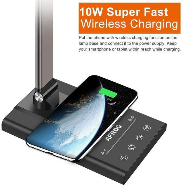 Alt view image 4 of 7 - AFROG 5th Gen Multifunctional LED Desk Lamp with 10W Fast Wireless Charger, USB Charging Port,1800Lux Super Bright,5 Lighting Mode,7 Brightness, Touch Control, Auto Timer, 15W Office Table Lamp