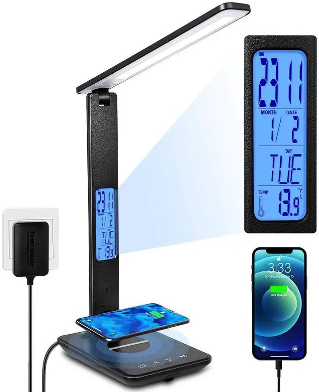 Main image of LED Desk Lamp with Wireless Charger, Suitable for Home, Office Dimmable, with USB Charging Port, Built-in Clock, Calendar, Thermometer and Automatic Timing Reading Desk Lamp.