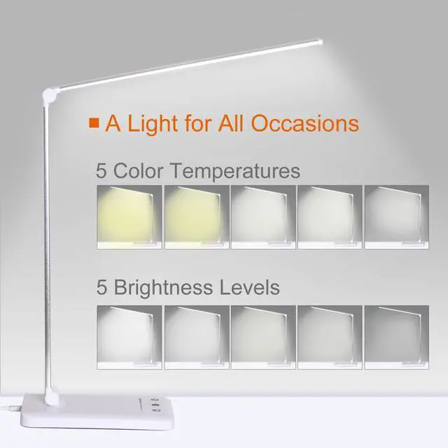 Alt view image 2 of 7 - Himigo LED Desk Lamp, Eye-Caring Stepless Dimmable Office Table Lamp with USB Charging 4000mAh Battery, Foldable,Touch, 30/60minsTimer,5 Lighting Modes with 5 Brightness Levels