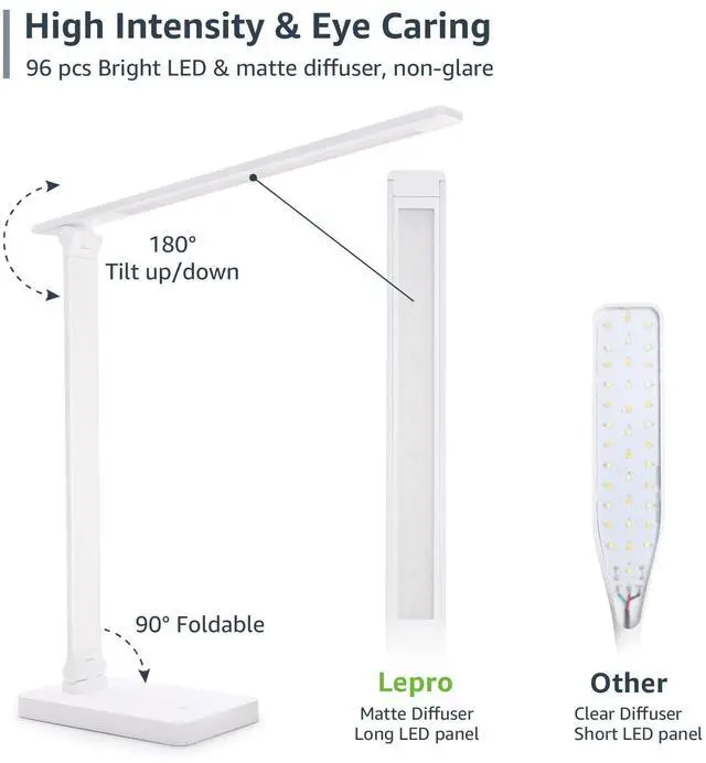 Alt view image 5 of 7 - Lepro LED Desk Lamp with USB Charging Port, 700LM Dimmable Home Office Touch Control Reading Table Lamp,5 Color Modes with 5 Brightness Level, Dorm Room Essentials, Task Lamp, Sewing, Crafting, White