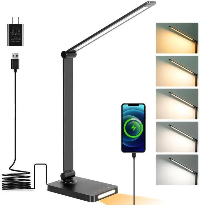 Main image of LED Desk Lamp with USB Ports,Touch Desk Lamps for Home Office with 5 Color Modes,3 Brightness Desk Light with Small Night Light,Reading Lamp Table Lamp for Bedroom Bedside Study Black with adapter