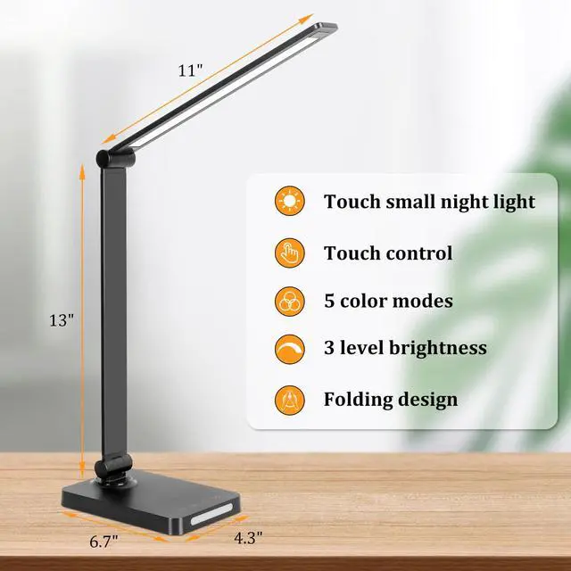Alt view image 3 of 5 - LED Desk Lamp with USB Ports,Touch Desk Lamps for Home Office with 5 Color Modes,3 Brightness Desk Light with Small Night Light,Reading Lamp Table Lamp for Bedroom Bedside Study Black with adapter