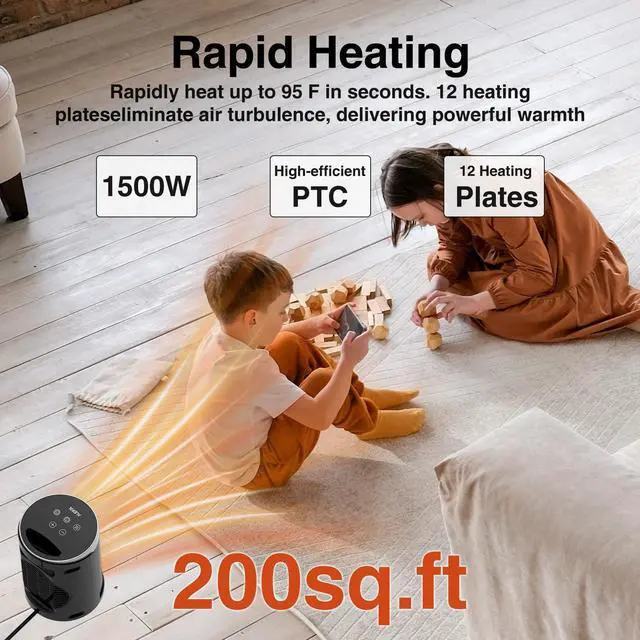 Alt view image 5 of 7 - Space Heater, AUBKN Small Portable Electric Heaters for Indoor Use with Thermostat and Remote,12H Timer, 5 Mode, 1500W PTC Ceramic Fast Safety Heat for Office Bedroom Home