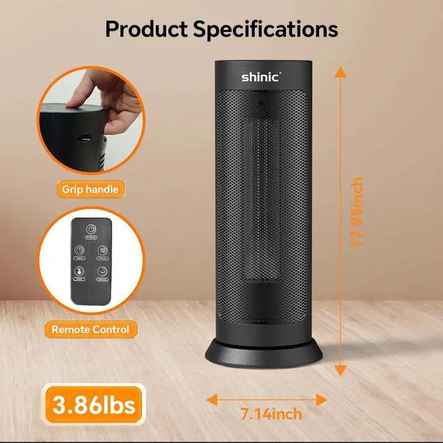 Alt view image 2 of 7 - Shinic 18" Space Heater with Remote for Indoor Use, 1500W PTC Ceramic Electric Heater with Thermostat, 70° Oscillation, Fast Heating, 8H Timer, Safe and Quiet, Tower Heater for Bedroom Office Home