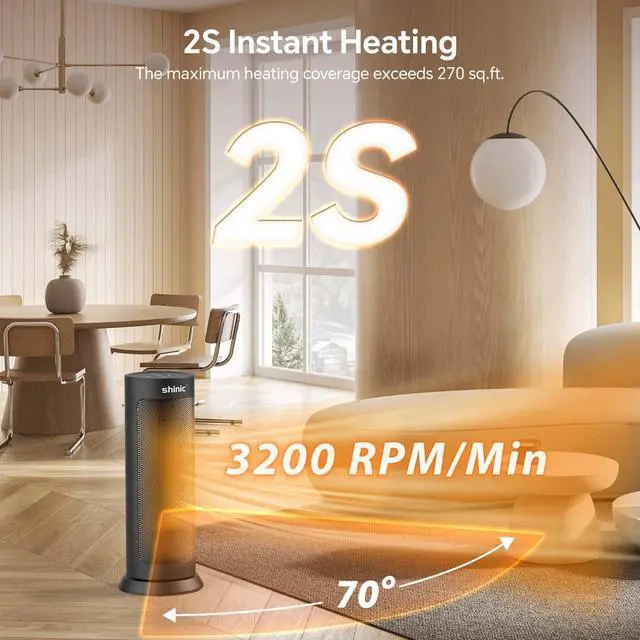 Alt view image 3 of 7 - Shinic 18" Space Heater with Remote for Indoor Use, 1500W PTC Ceramic Electric Heater with Thermostat, 70° Oscillation, Fast Heating, 8H Timer, Safe and Quiet, Tower Heater for Bedroom Office Home