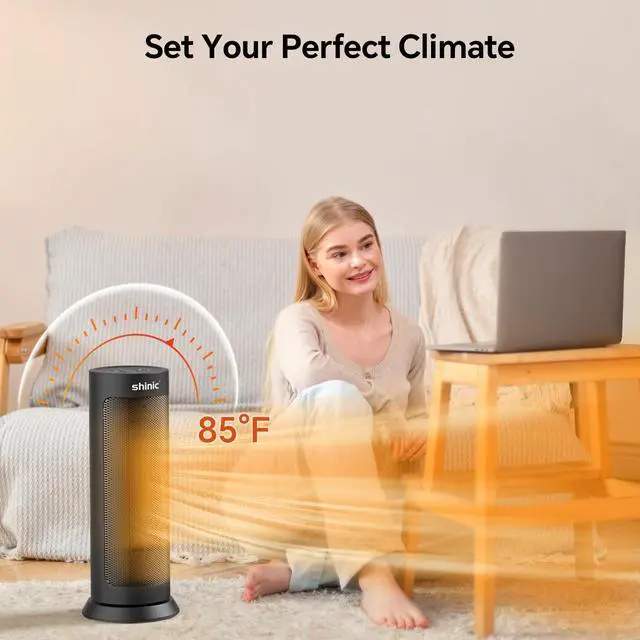 Alt view image 5 of 7 - Shinic 18" Space Heater with Remote for Indoor Use, 1500W PTC Ceramic Electric Heater with Thermostat, 70° Oscillation, Fast Heating, 8H Timer, Safe and Quiet, Tower Heater for Bedroom Office Home
