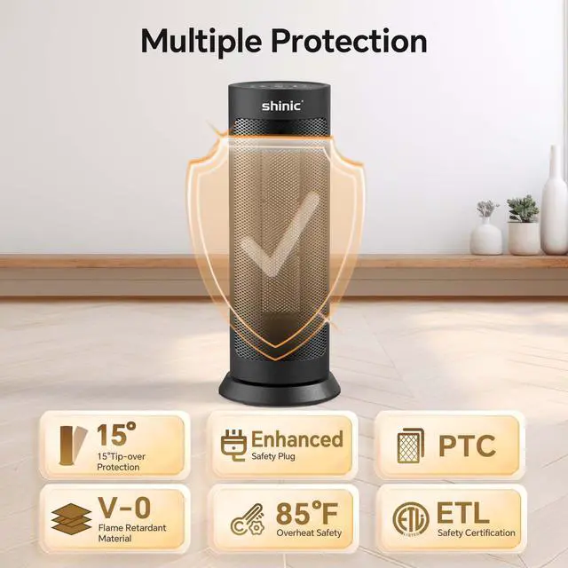Alt view image 7 of 7 - Shinic 18" Space Heater with Remote for Indoor Use, 1500W PTC Ceramic Electric Heater with Thermostat, 70° Oscillation, Fast Heating, 8H Timer, Safe and Quiet, Tower Heater for Bedroom Office Home