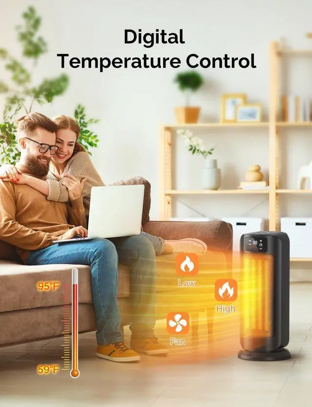 Alt view image 2 of 7 - Faryuan Space Heaters for Indoor Use, 1500W Fast Heating, Portable Ceramic Heater with Thermostat, 4 Modes, Timer, Oscillating Electric Room Heater with Remote, Safe for Office Bedroom Large Room Use