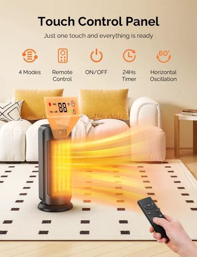 Alt view image 4 of 7 - Faryuan Space Heaters for Indoor Use, 1500W Fast Heating, Portable Ceramic Heater with Thermostat, 4 Modes, Timer, Oscillating Electric Room Heater with Remote, Safe for Office Bedroom Large Room Use