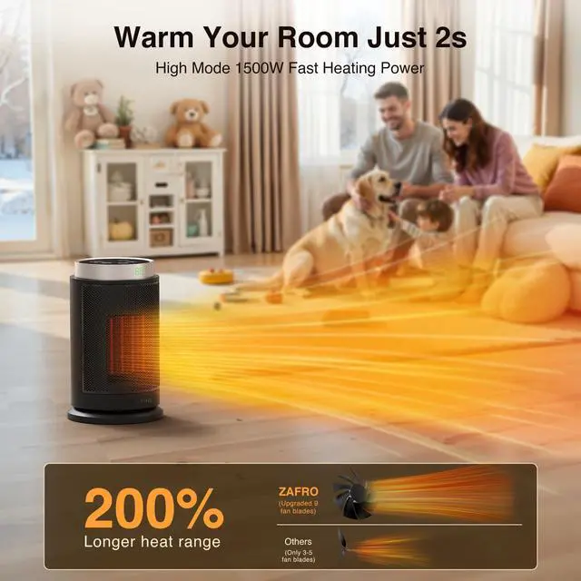 Alt view image 2 of 7 - ZAFRO Space Heater, Ultra Quiet Portable Electric Heaters for Indoor Use with Thermostat, 1500W PTC Ceramic Fast & Wide-Angle Heat, 8 Safety Features, 5 Modes, 24H Timer for Home, Office, Bedroom
