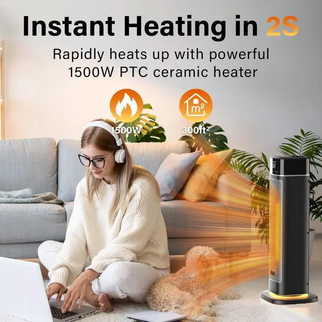 Alt view image 2 of 7 - 24" Space Heater, JRD Fast Heating Portable Electric Heater with Remote, Night Light, 80° Oscillation,4 Mode, Overheat&Tip-Over Protection, Ceramic Heat for Bedroom Office Indoor