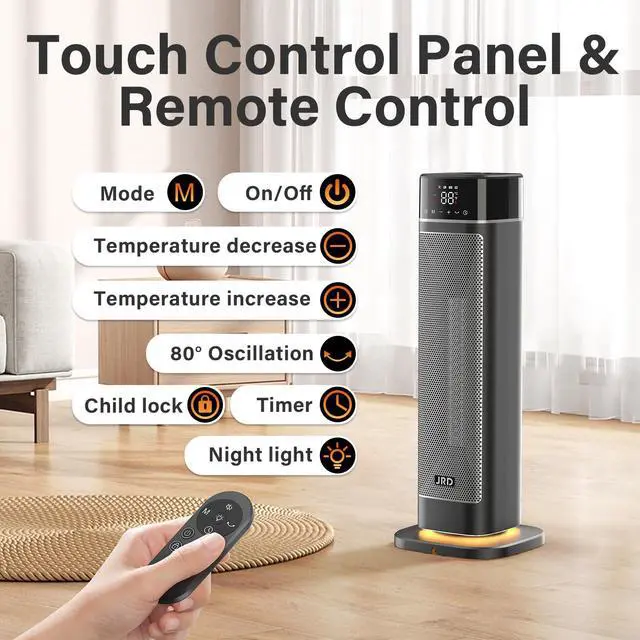 Alt view image 6 of 7 - 24" Space Heater, JRD Fast Heating Portable Electric Heater with Remote, Night Light, 80° Oscillation,4 Mode, Overheat&Tip-Over Protection, Ceramic Heat for Bedroom Office Indoor