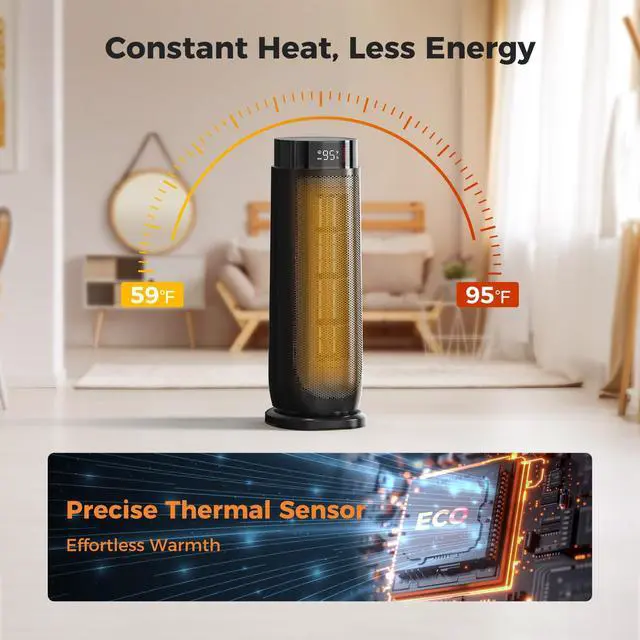 Alt view image 6 of 7 - BREEZOME Space Heaters for Indoor Use, 1500W, with Thermostat, 24H Timer, 90° Oscillating, Quiet, Portable, PTC Ceramic, with Remote, Fast Safety Heat for Home Bedroom (BLACK)