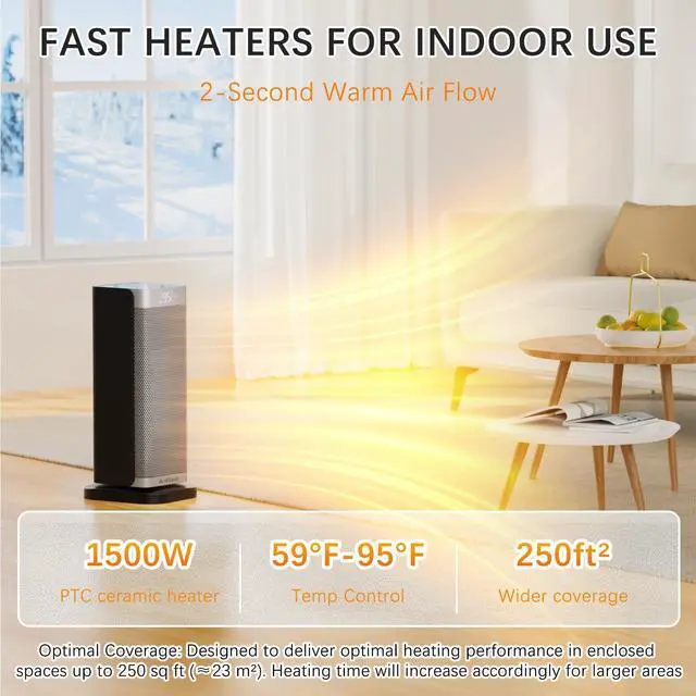 Alt view image 2 of 7 - Anfilank Space Heater with Room Temp Display, 1500W Fast Heating PTC Ceramic Electric Heater for Large Room, 70° Oscillation, Remote, Thermostat, 12H Timer, Quiet for Office and Bedroom