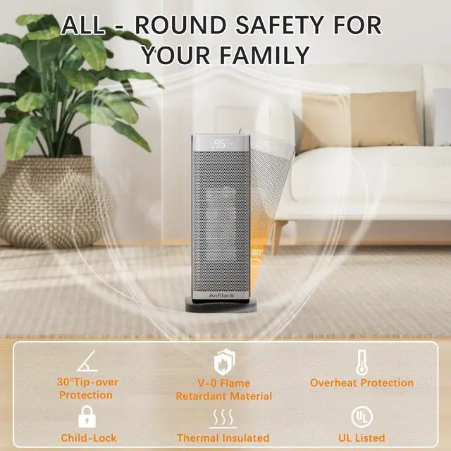 Alt view image 4 of 7 - Anfilank Space Heater with Room Temp Display, 1500W Fast Heating PTC Ceramic Electric Heater for Large Room, 70° Oscillation, Remote, Thermostat, 12H Timer, Quiet for Office and Bedroom