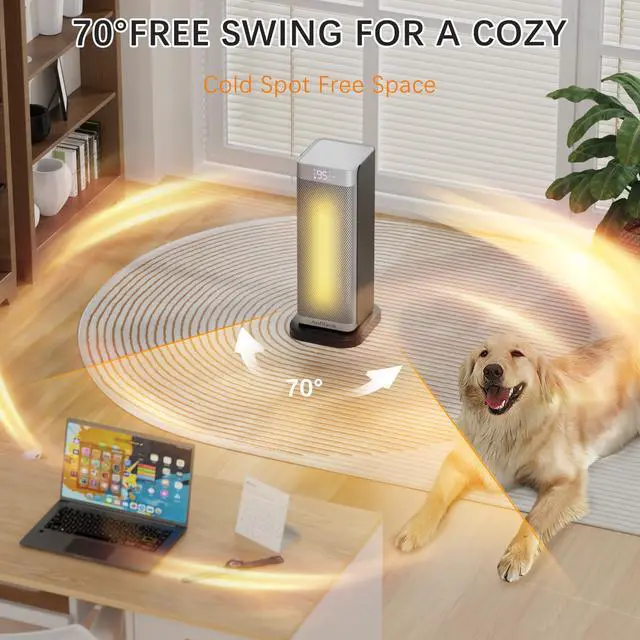 Alt view image 5 of 7 - Anfilank Space Heater with Room Temp Display, 1500W Fast Heating PTC Ceramic Electric Heater for Large Room, 70° Oscillation, Remote, Thermostat, 12H Timer, Quiet for Office and Bedroom