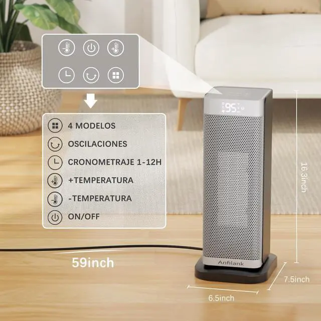 Alt view image 7 of 7 - Anfilank Space Heater with Room Temp Display, 1500W Fast Heating PTC Ceramic Electric Heater for Large Room, 70° Oscillation, Remote, Thermostat, 12H Timer, Quiet for Office and Bedroom