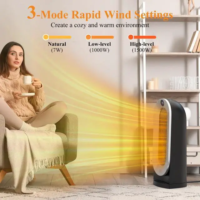 Alt view image 2 of 7 - Space Heater, 1500W Portable Electric Heaters for Indoor Use, 3 Heat Settings with ECO Mode, 70° Oscillating with Remote, Safety Protection, 12H Timer Heater for Bedroom, Large Room, Office