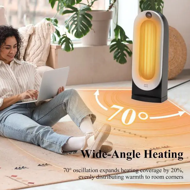 Alt view image 5 of 7 - Space Heater, 1500W Portable Electric Heaters for Indoor Use, 3 Heat Settings with ECO Mode, 70° Oscillating with Remote, Safety Protection, 12H Timer Heater for Bedroom, Large Room, Office