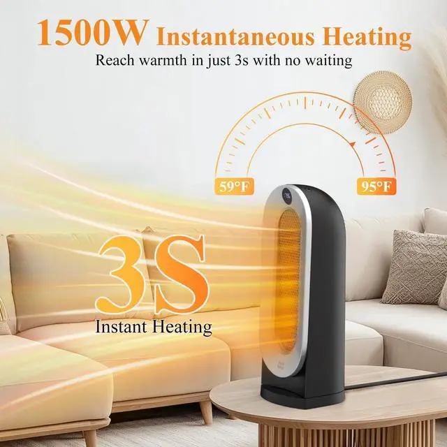 Alt view image 7 of 7 - Space Heater, 1500W Portable Electric Heaters for Indoor Use, 3 Heat Settings with ECO Mode, 70° Oscillating with Remote, Safety Protection, 12H Timer Heater for Bedroom, Large Room, Office