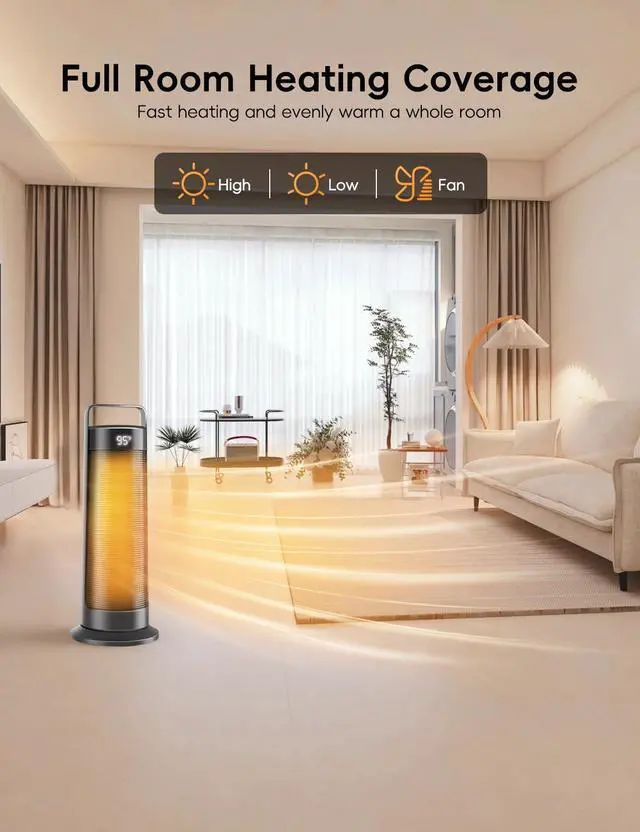 Alt view image 3 of 7 - Space Heater for Indoor Use Large Room, 1500W Portable Office Heater, 120° Oscillation, PTC Ceramic with Thermostat and Remote, 12H Timer, 3 Modes, Fast Safety Heat for Home Bedroom