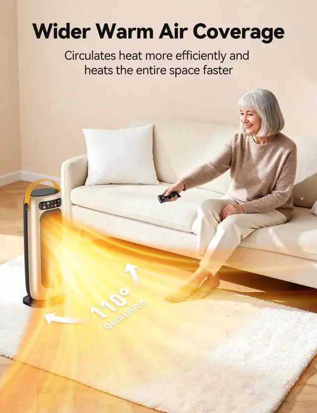 Alt view image 5 of 7 - KQPZ Space Heater, 1500W PTC Ceramic Electric Heaters for Indoor Use with Remote, 4 Levels Room Heater with LED Touch Display, 110° Oscillation,10H Timer,Fast & Safe Portable Heater for Bedroom Office