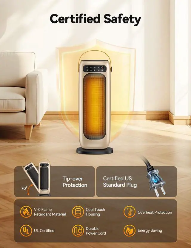 Alt view image 7 of 7 - KQPZ Space Heater, 1500W PTC Ceramic Electric Heaters for Indoor Use with Remote, 4 Levels Room Heater with LED Touch Display, 110° Oscillation,10H Timer,Fast & Safe Portable Heater for Bedroom Office