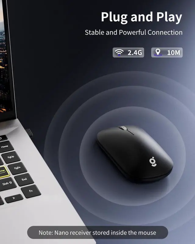 Alt view image 2 of 7 - USB Wireless Mouse, 2.4G Silent Slim Cordless Computer Mouse with Metal Scroll, 1600 DPI & 24-Month Battery Life, Small Portable Optical Computer Mice for Windows macOS iPadOS Android Laptop PC