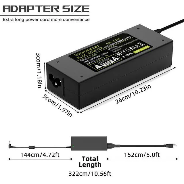Alt view image 7 of 7 - 90W DC19V 4.74A Laptop Charger for Asus Toshiba Switching AC Adapter Supply | Suitable Laptop PC Computer Charger Power Cord, 3 Pin 90 Watt AC to DC 19V with 10.56ft Long Cable, 5.5x2.5mm Plug