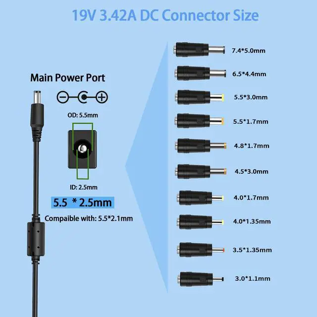 Alt view image 3 of 7 - Power Supply DC 19V 3.42A 65W Laptop Charger 100-240V 50-60Hz AC Adapter, Compatible for 19 Volt Acer Asus HP Toshiba Samsung Laptop, LG LCD Monitor, Soundbar & More with 10 Replaceable Tips.