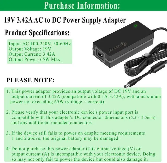Alt view image 2 of 7 - 19V 3.42A DC Power Supply Adapter 19 Volt Laptop Charger AC 100-240V 50-60hz, Compatible for 19Vdc Gateway Toshiba Acer Lenovo Asus Samsung Laptop JBL Speaker LG LCD Monitor.