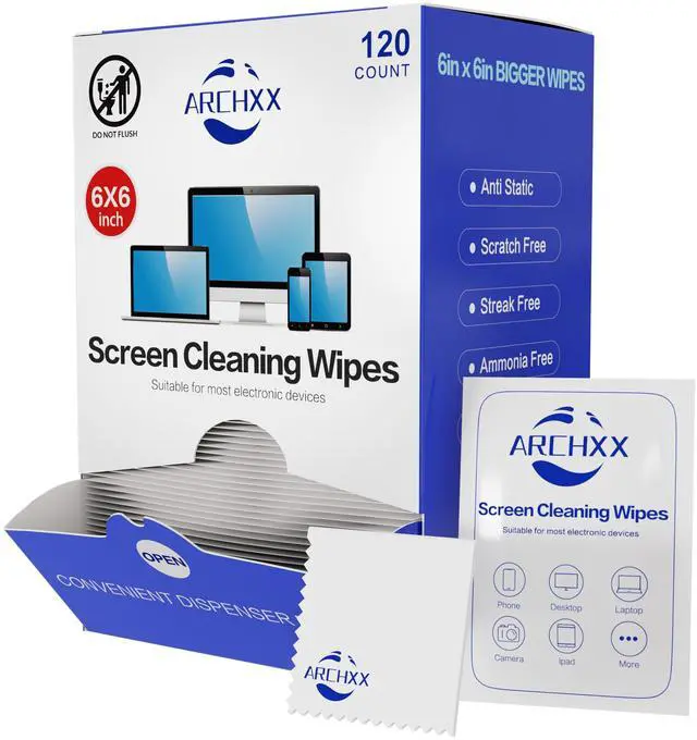 Main image of ARCHXX Screen Wipes for Electronics, 120 Count 6"x6" Pre-Moistened Screen Cleaner for Screens, Computer,Laptop,Tablet,Phone,Monitor,Car Screen Cleaner, Lens Wipes Individually Wrapped