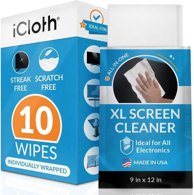 Main image of XL Screen Cleaning Wipes, Lint-Free and Streak-Free, Fast-Drying, Removes Dust, Fingerprints, and Smudges (10 XL Wipes)