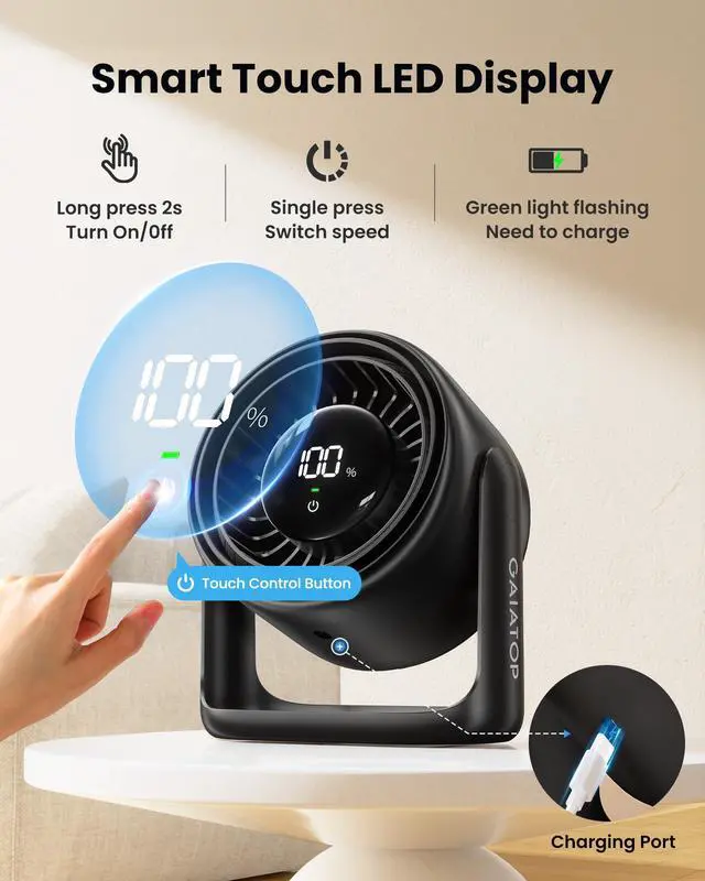 Alt view image 2 of 7 - Desk Fan with Touch Control, 4000mAh Battery, 5 Speeds Ultra Quiet Bedroom Fan with LED Display, 90° Tilt, 7.7 Inch USB-C Rechargeable Desktop Fan for Dorm Office Room Home Office, Black