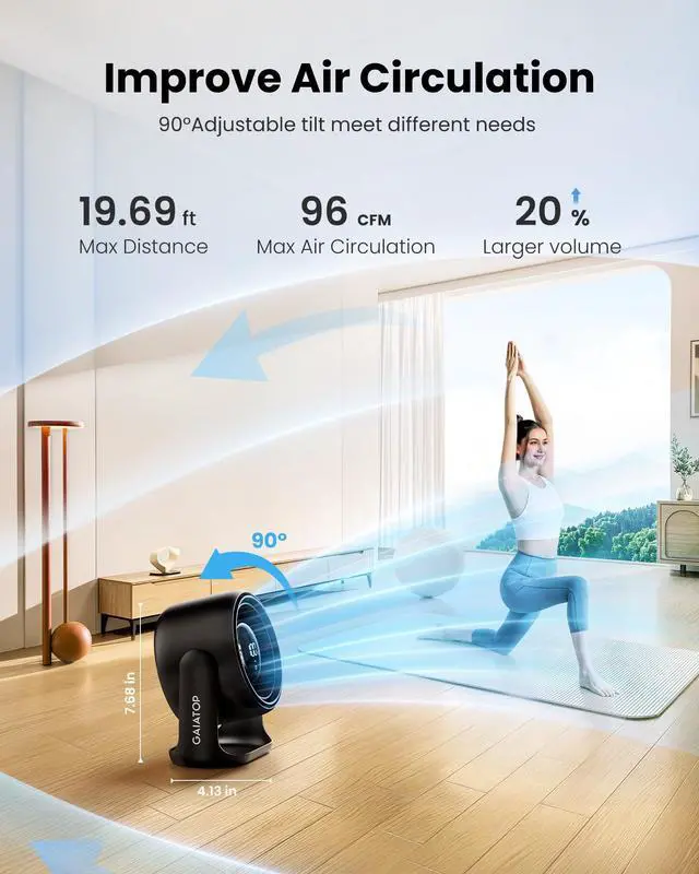 Alt view image 7 of 7 - Desk Fan with Touch Control, 4000mAh Battery, 5 Speeds Ultra Quiet Bedroom Fan with LED Display, 90° Tilt, 7.7 Inch USB-C Rechargeable Desktop Fan for Dorm Office Room Home Office, Black