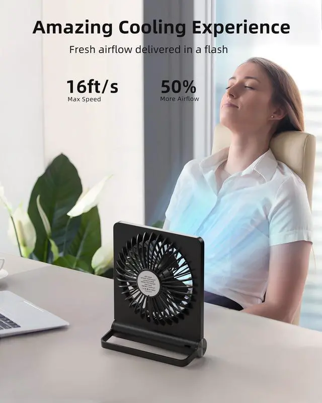 Alt view image 3 of 6 - Portable Desk Fan, 3.5-20hrs Battery Operated Small USB Fan with Ultra Quiet 220° Tilt Folding, Rechargeable Personal Fan with 3 Speeds Strong Wind for Home Office Desktop, Black