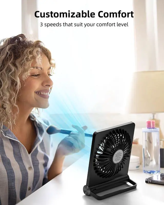 Alt view image 6 of 6 - Portable Desk Fan, 3.5-20hrs Battery Operated Small USB Fan with Ultra Quiet 220° Tilt Folding, Rechargeable Personal Fan with 3 Speeds Strong Wind for Home Office Desktop, Black