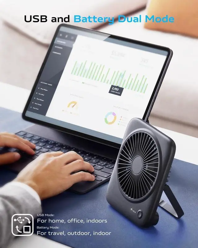 Alt view image 2 of 7 - Personal Portable Desk Fan Battery Powered, 4000mAh Small USB Rechargeable Portable Fans Battery Operated for Travel Sleeping Bedroom Office Home Table, Cordless Quiet 4-Speed 6.5 Inch (Black)