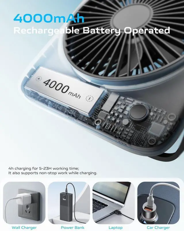 Alt view image 4 of 7 - Personal Portable Desk Fan Battery Powered, 4000mAh Small USB Rechargeable Portable Fans Battery Operated for Travel Sleeping Bedroom Office Home Table, Cordless Quiet 4-Speed 6.5 Inch (Black)
