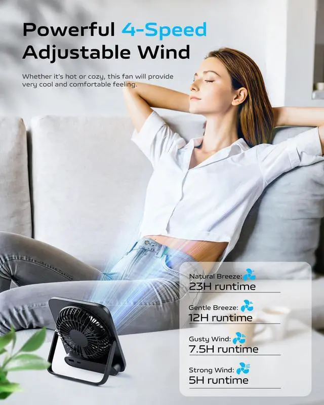 Alt view image 5 of 7 - Personal Portable Desk Fan Battery Powered, 4000mAh Small USB Rechargeable Portable Fans Battery Operated for Travel Sleeping Bedroom Office Home Table, Cordless Quiet 4-Speed 6.5 Inch (Black)
