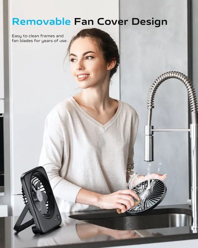 Alt view image 6 of 7 - Personal Portable Desk Fan Battery Powered, 4000mAh Small USB Rechargeable Portable Fans Battery Operated for Travel Sleeping Bedroom Office Home Table, Cordless Quiet 4-Speed 6.5 Inch (Black)